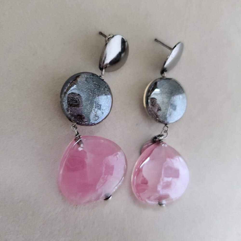 ANTICA MURRINA Murano Glass Long Dangle Drop Earrings Candy Pink Silver Gunmetal